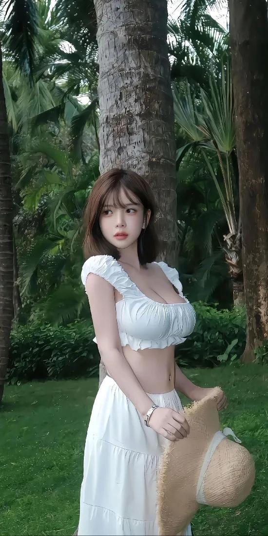 白衣美女手机壁纸｜热带植物背景图片 - 草帽白裙「哲风壁纸」