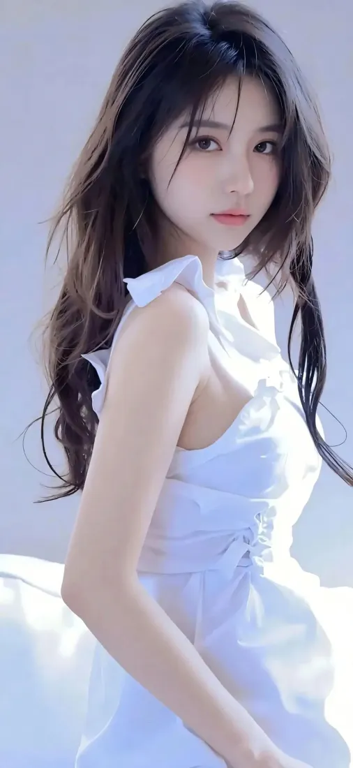 白衣美女手机壁纸｜浅灰背景图片 - 清新气质「哲风壁纸」