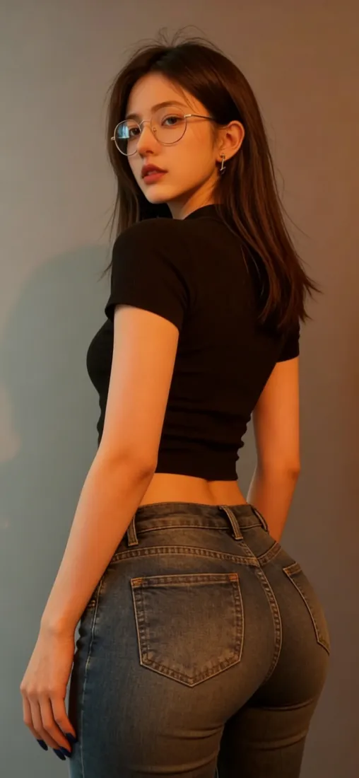 眼镜美女手机壁纸｜灰色背景图片 - 黑衣牛仔裤「哲风壁纸」
