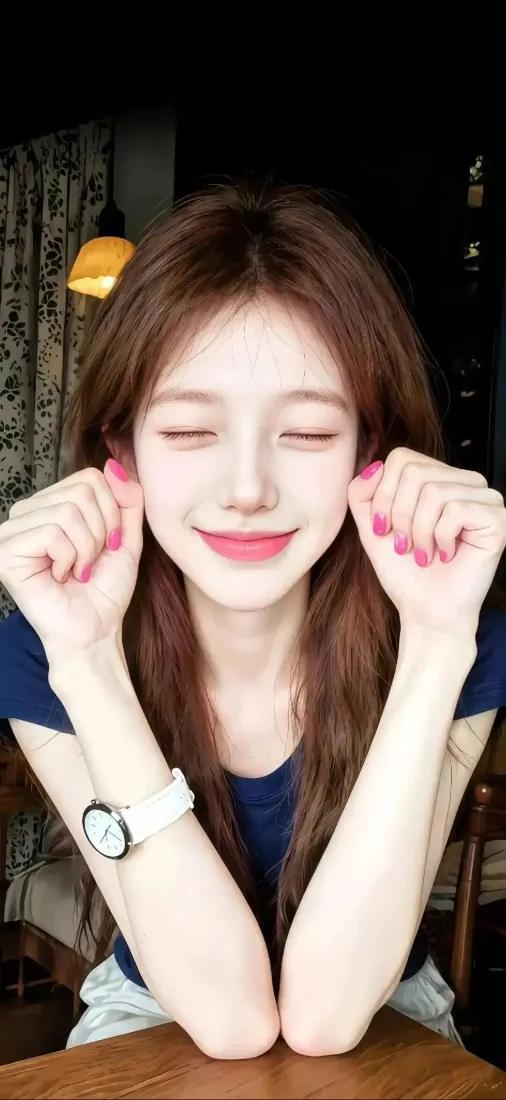 长发美女手机壁纸｜室内背景图片 - 蓝色上衣「哲风壁纸」