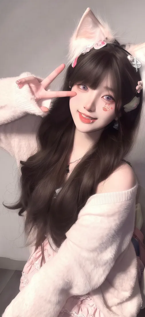 猫耳美女手机壁纸｜粉色背景图片 - Ios可爱穿搭「哲风壁纸」