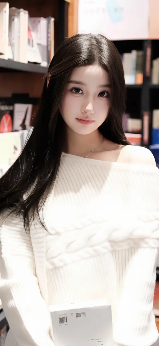 白衣美女Ios手机壁纸｜书架背景图 - 长发「哲风壁纸」