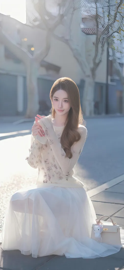 白衣美女手机壁纸｜街道背景图片 - 阳光清新长裙「哲风壁纸」