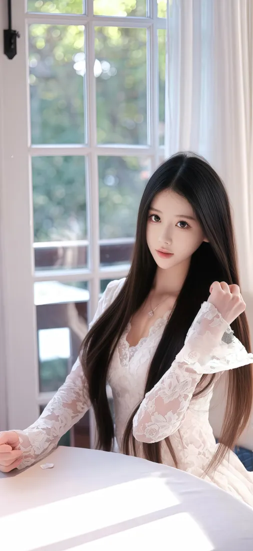 长发美女手机壁纸｜室内窗户背景图片 - 白衣蕾丝窗帘「哲风壁纸」