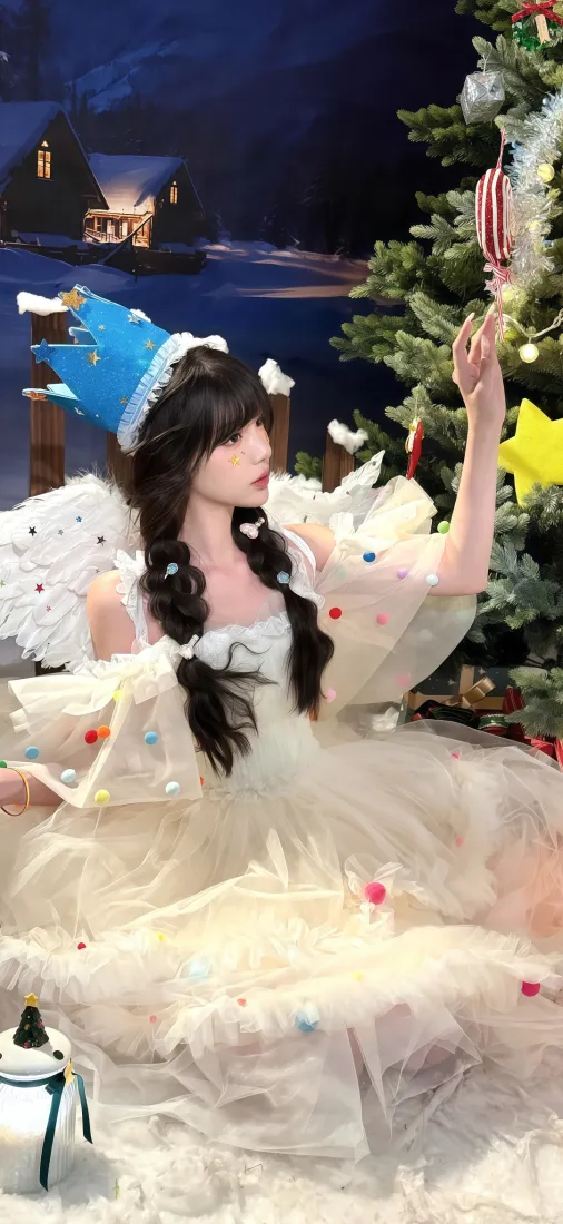 圣诞美女手机壁纸｜圣诞夜景背景图片 - 白色蓬蓬裙「哲风壁纸」