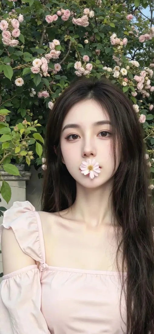 长发美女手机壁纸｜粉色花背景图片 - 甜美户外「哲风壁纸」