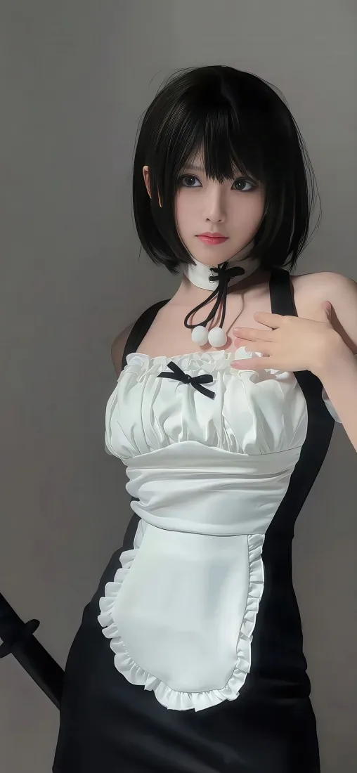 女仆装美女手机壁纸｜灰色背景图片 - 黑白女仆装「哲风壁纸」