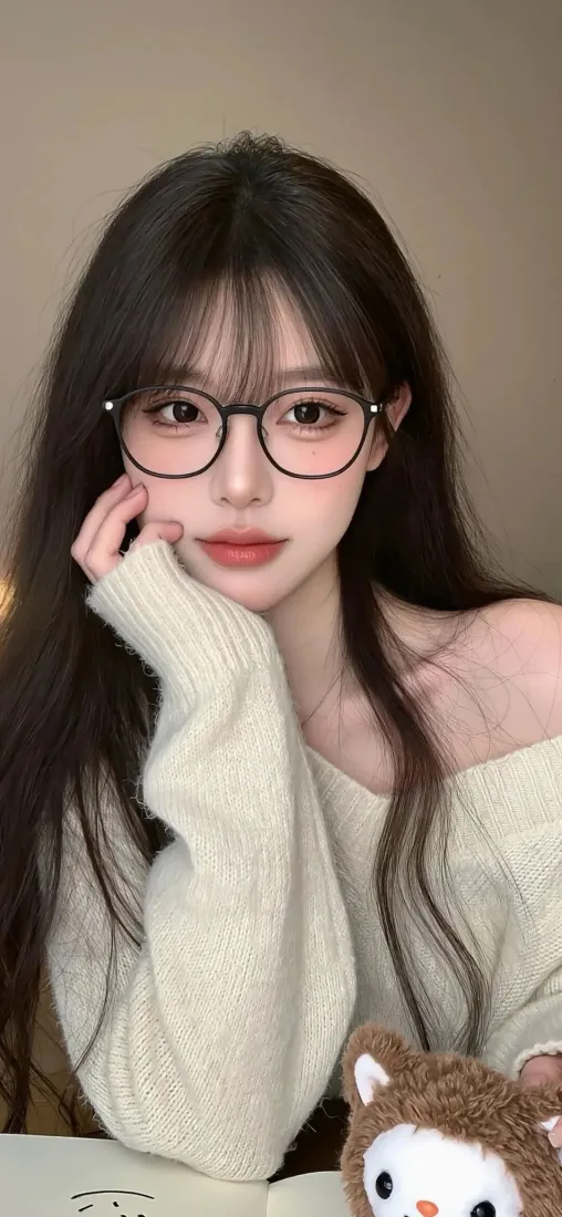眼镜美女手机壁纸｜居家背景图片 - 毛绒玩具「哲风壁纸」