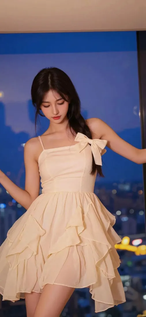 吊带裙美女手机壁纸｜城市夜景背景图片 - 蝴蝶结米色裙「哲风壁纸」