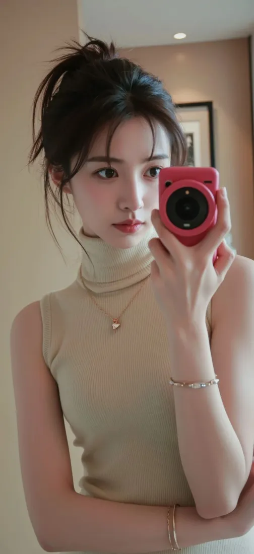 美女手机壁纸｜红色相机背景图片 - 米色上衣「哲风壁纸」