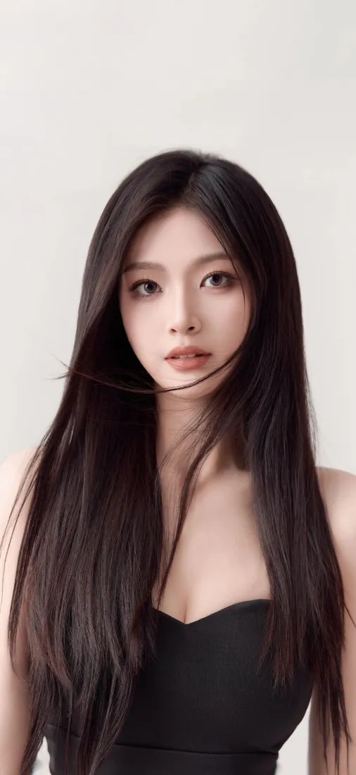 黑衣长发美女手机壁纸｜浅灰背景图片 - 时尚优雅「哲风壁纸」