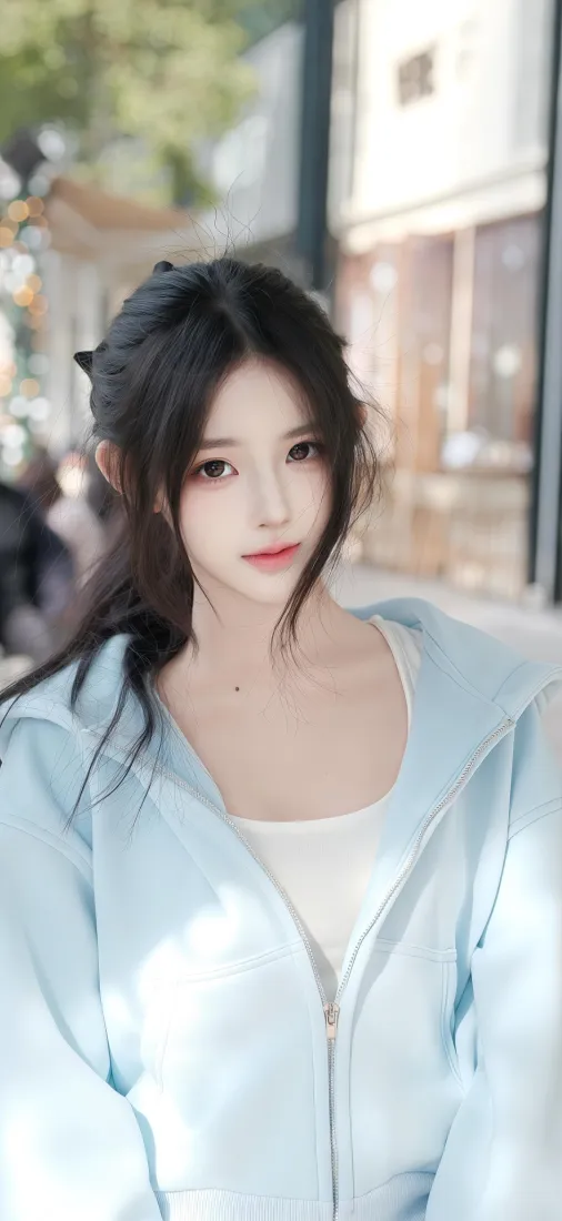 美女手机壁纸｜户外街道背景图片 - 浅蓝色外套「哲风壁纸」