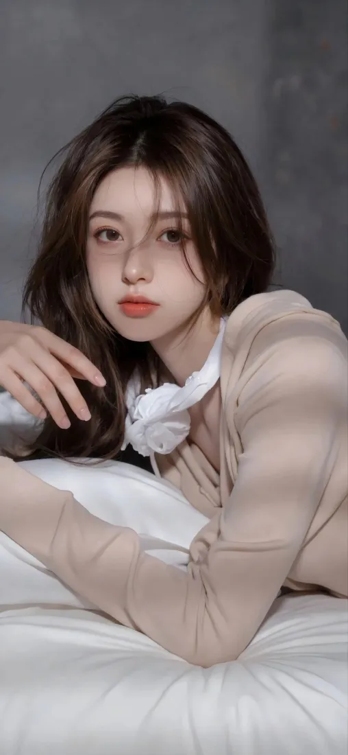 卧姿美女手机壁纸｜灰色背景图片 - 浅棕上衣「哲风壁纸」