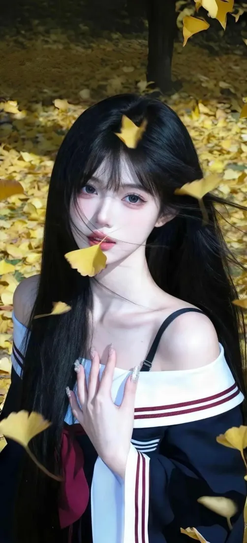 黑衣美女手机壁纸｜银杏叶背景图片 - 秋日氛围感「哲风壁纸」