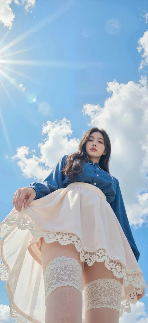 蓝衣少女手机壁纸｜蓝天背景 - 白裙蕾丝袜阳光「哲风壁纸」