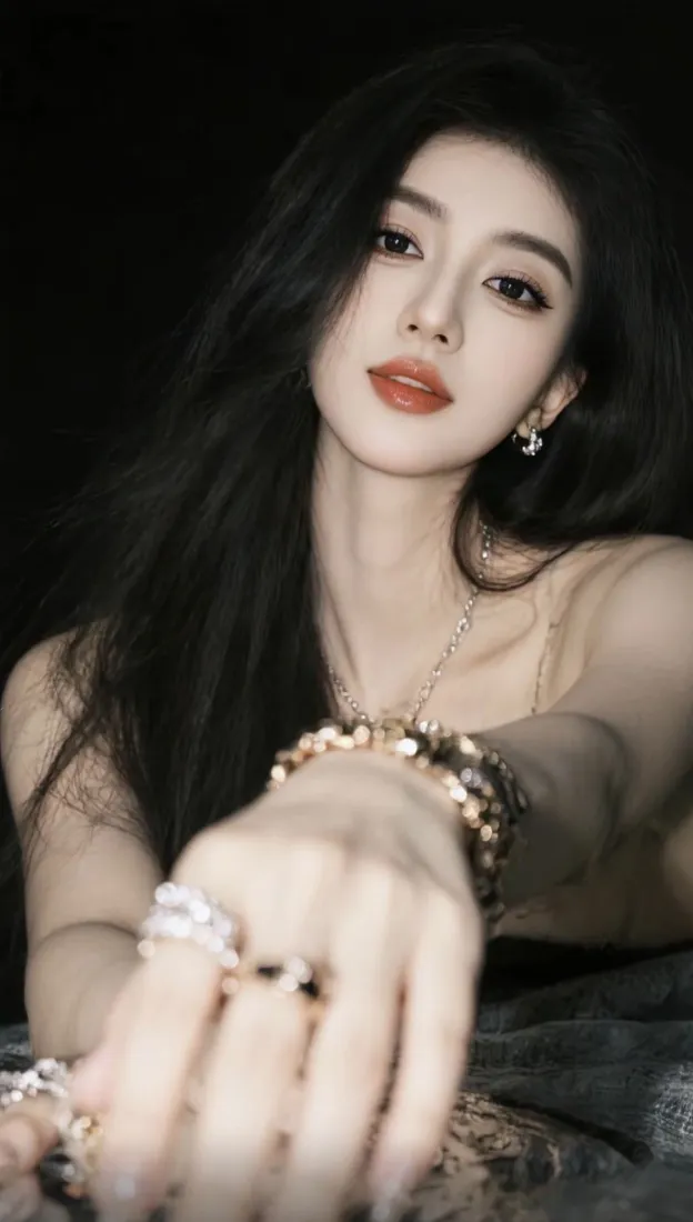 黑衣美女手机壁纸｜暗黑背景 - 红唇首饰时尚「哲风壁纸」