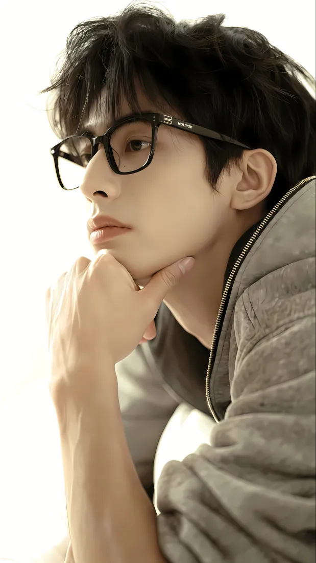 宋威龙手机壁纸｜简约背景图片 - 撕漫男眼镜托腮「哲风壁纸」