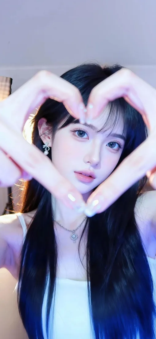 白衣美女手机壁纸｜室内背景图 - 心形手势「哲风壁纸」