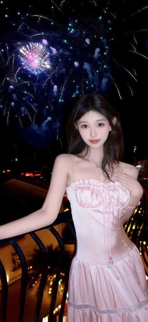 粉色连衣裙美女手机壁纸｜烟花夜景背景图片 - Ios「哲风壁纸」