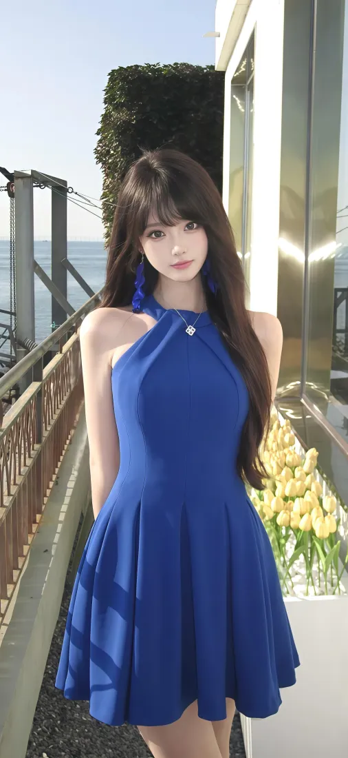 蓝衣美女手机壁纸｜户外建筑背景 - 黄花海景Ios「哲风壁纸」