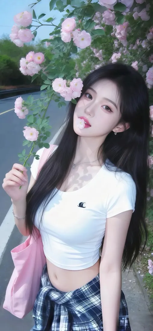长发美女手机壁纸｜街道花朵背景 - 白上衣格子裙「哲风壁纸」