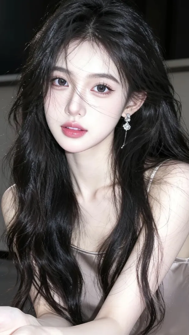 长发美女手机壁纸｜室内背景图片 - 精致妆容吊带裙「哲风壁纸」