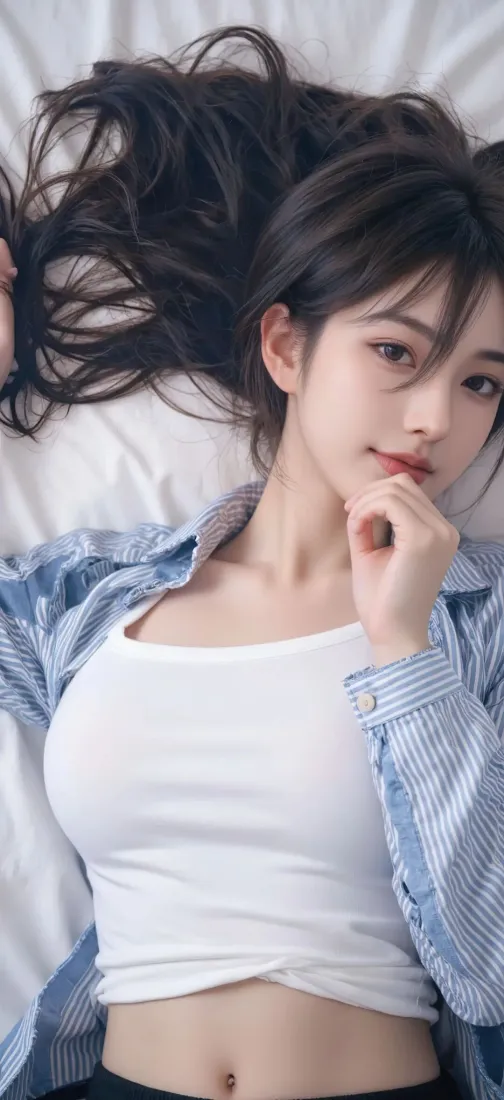 长发美女手机壁纸｜卧室背景图片 - 白背心蓝衬衫「哲风壁纸」