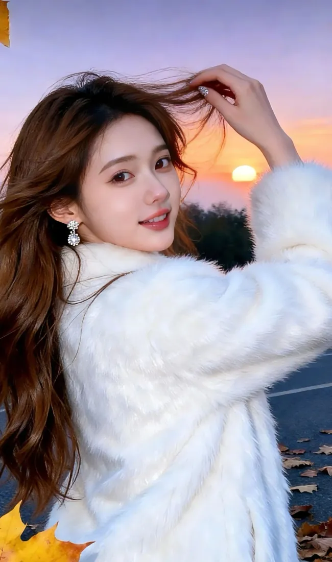 白衣美女手机壁纸｜日落背景图片 - 落叶道路「哲风壁纸」