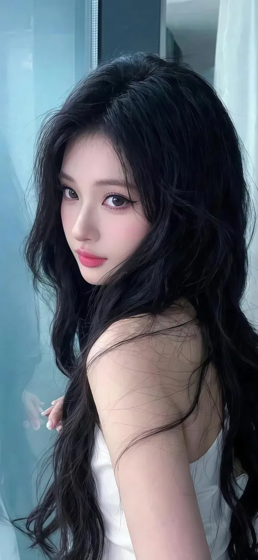 白衣美女手机壁纸｜室内背景图片 - 黑发红唇「哲风壁纸」