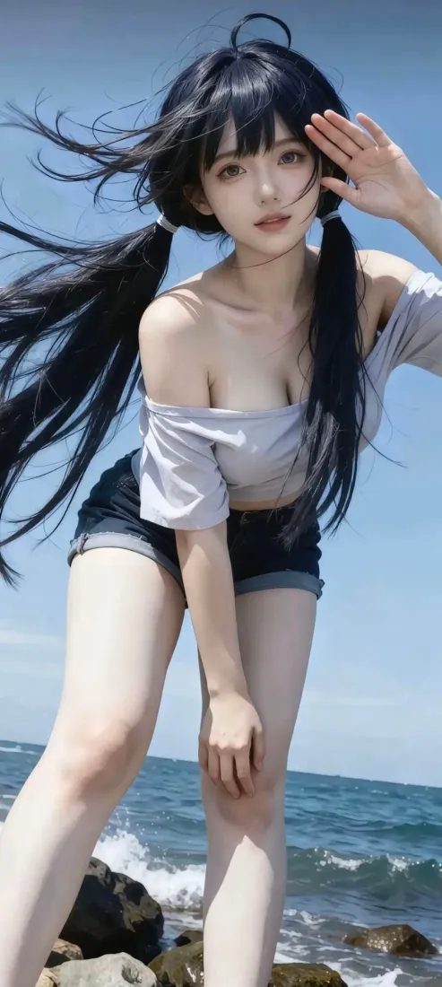 海边美女手机壁纸｜海边背景图片 - 露肩短裤穿搭「哲风壁纸」