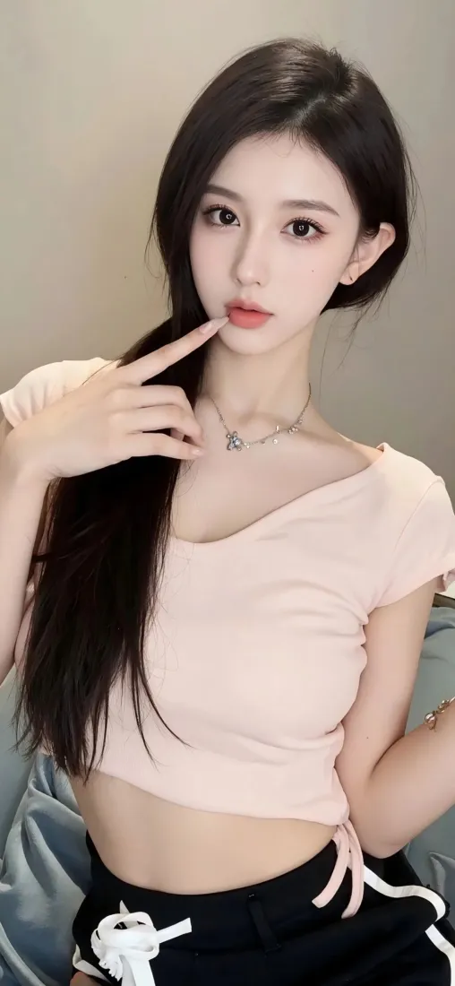 长发美女手机壁纸｜粉色上衣背景图片 - 甜美女神「哲风壁纸」