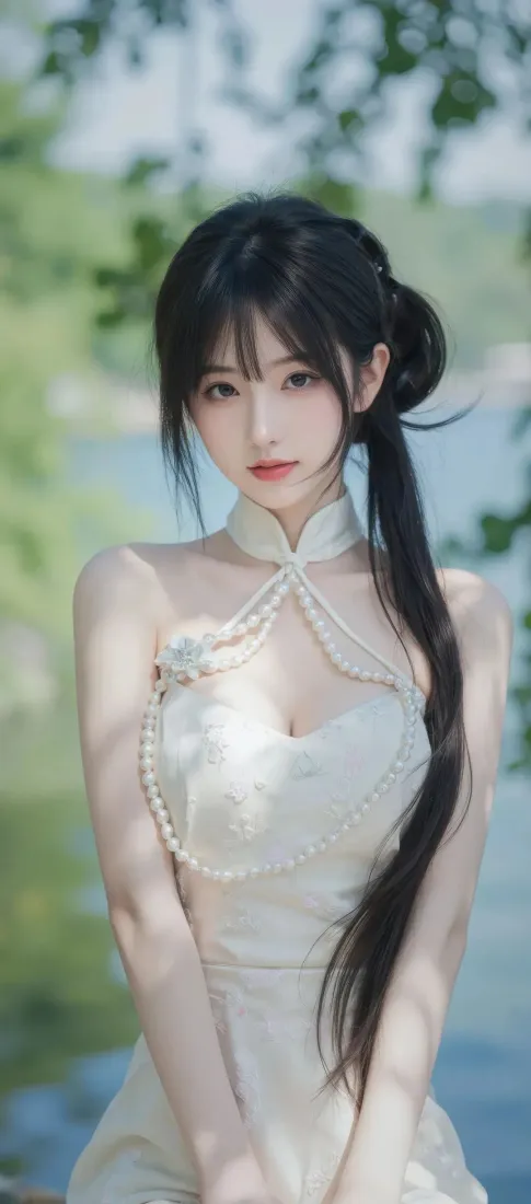 白衣美女手机壁纸｜自然风景背景图片 - 绿植湖水长发「哲风壁纸」