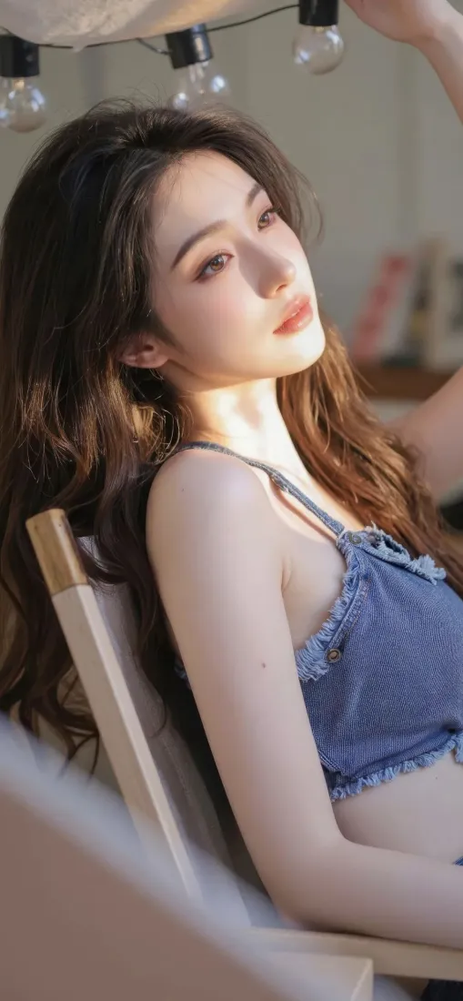 蓝衣美女手机壁纸｜室内背景图片 - 暖光「哲风壁纸」