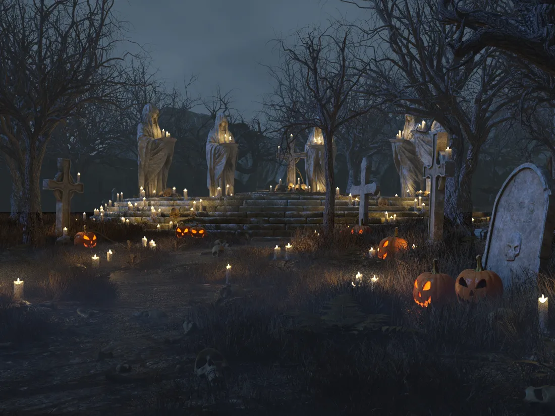 5k万圣节壁纸｜南瓜灯背景图片 - 夜色枯树墓碑「哲风壁纸」