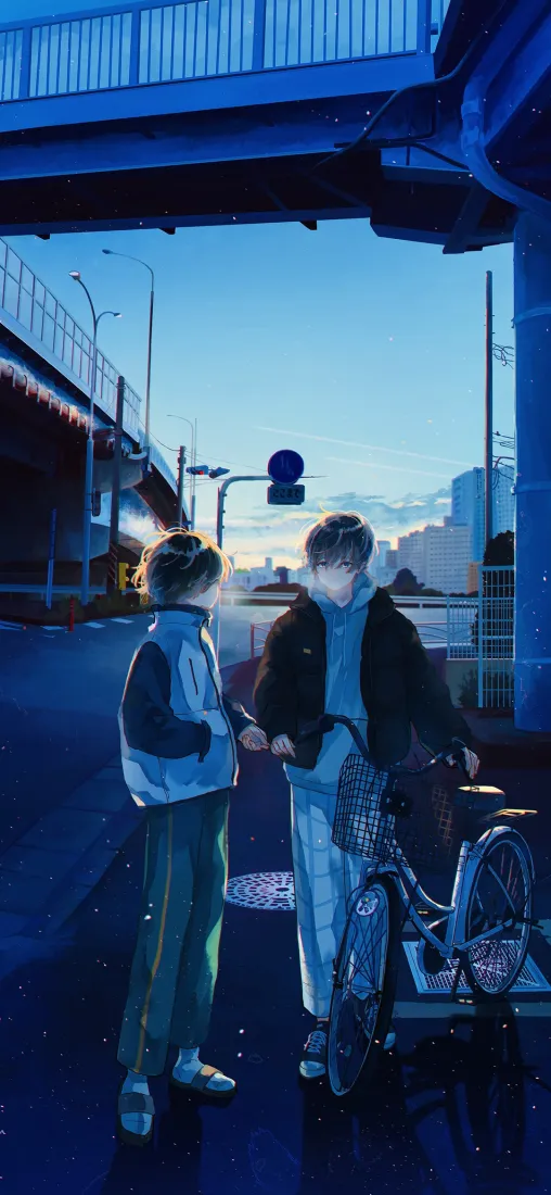自行车少年手机壁纸｜蓝调城市背景 - 伙伴街道「哲风壁纸」