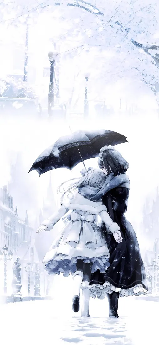 动漫情侣雪景手机壁纸｜下雪雨伞背景 - 冬日拥抱「哲风壁纸」