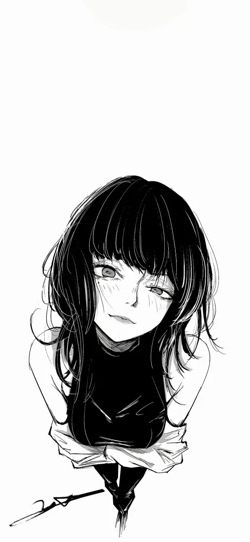仰头少女手机壁纸｜黑白背景图片 - 手绘艺术插画「哲风壁纸」
