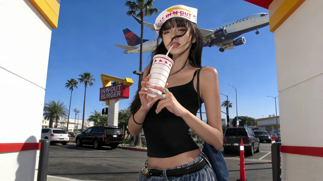 5k黑衣美女壁纸｜快餐店背景图片 - 飞机 街景「哲风壁纸」