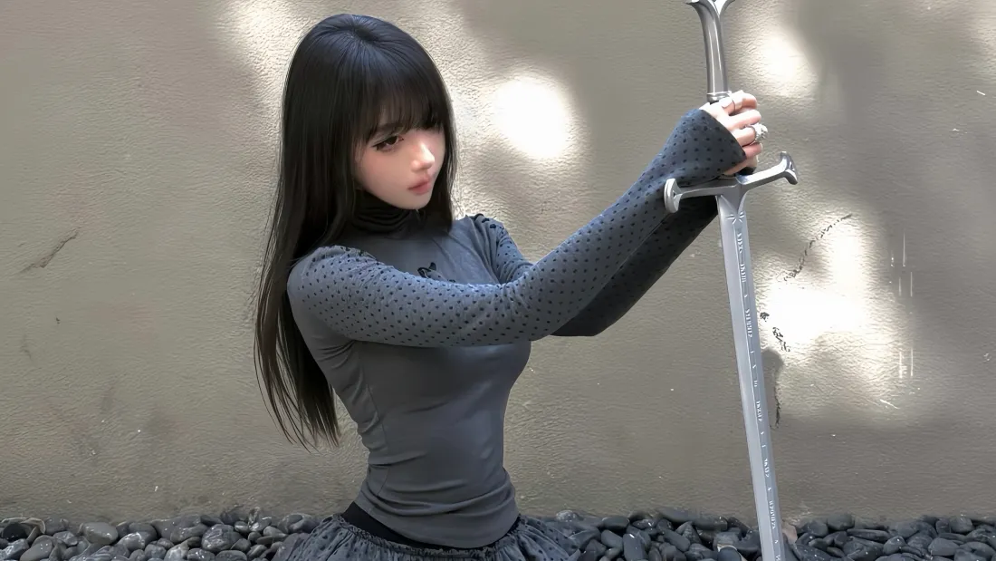 5k美女宝剑壁纸｜灰墙碎石背景 - 黑长直紧身衣「哲风壁纸」