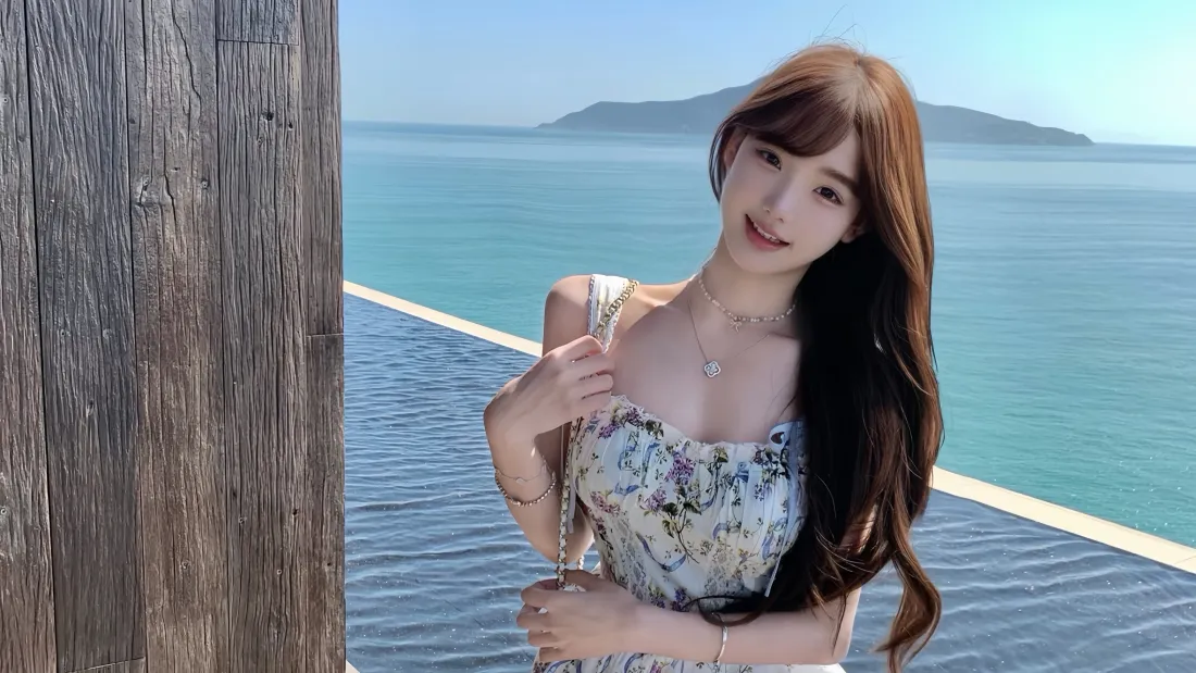 5k海边美女壁纸｜海景背景图片 - 碎花裙长发「哲风壁纸」
