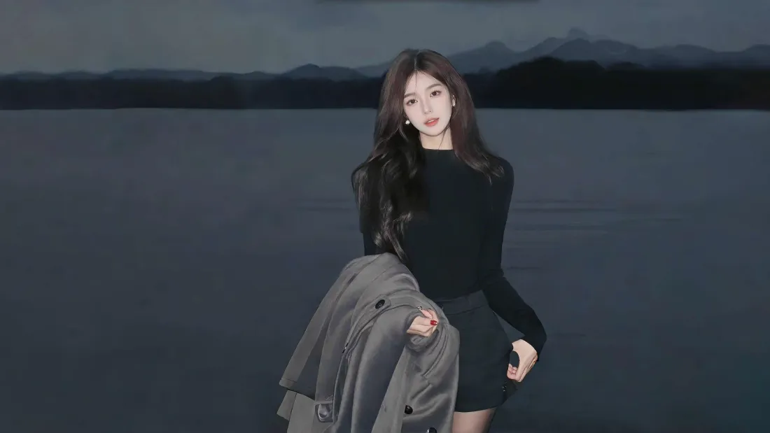 4k绝色美女壁纸｜湖泊夜景背景图片 - 时尚穿搭「哲风壁纸」