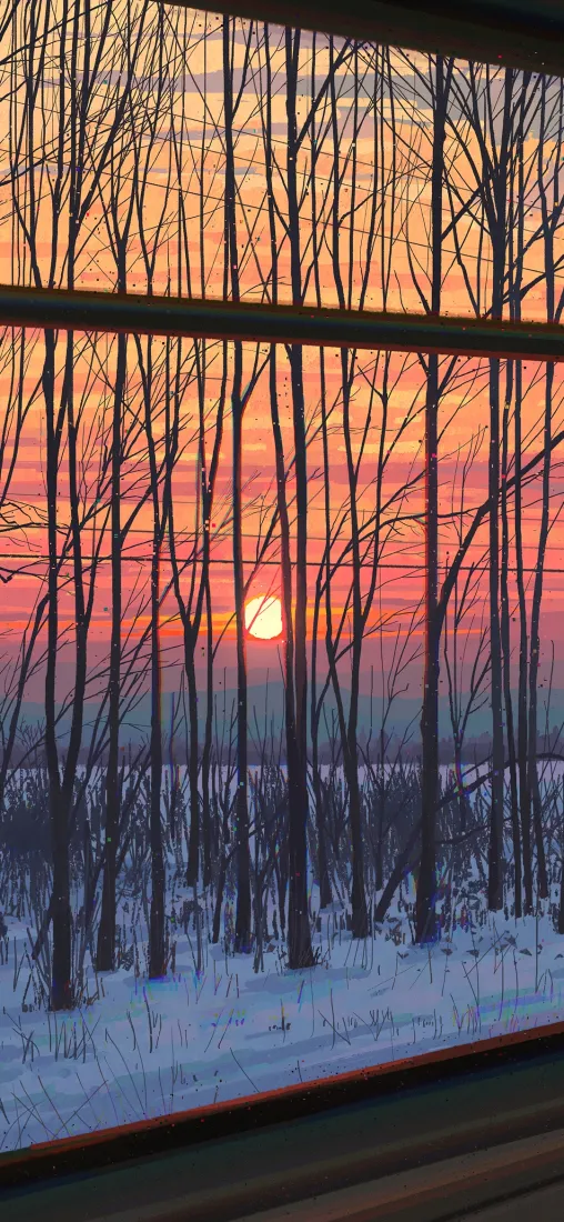 自然风景手机壁纸｜窗户背景图片 - 日出雪景树林「哲风壁纸」