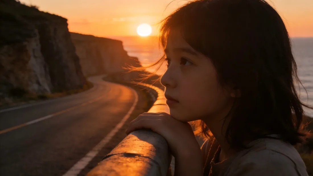 3k海边公路小女孩壁纸｜夕阳背景图片 - 落日「哲风壁纸」