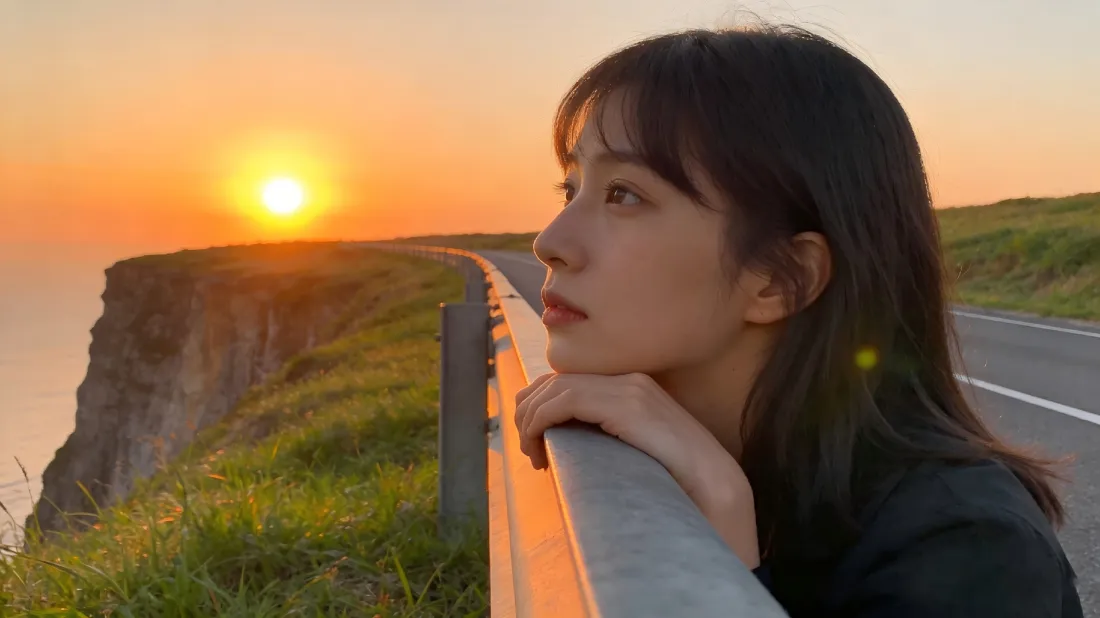 3k公路夕阳壁纸｜黄昏背景图片 - 女生侧脸「哲风壁纸」