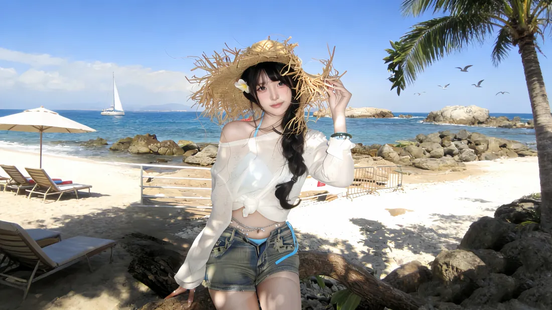 5k草帽美女壁纸｜海滩度假背景图片 - 夏日休闲「哲风壁纸」