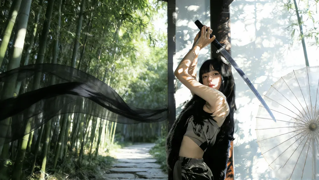 5k古风美女壁纸｜竹林背景图片 - 剑 油纸伞 飘带「哲风壁纸」