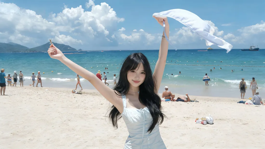 5k白裙美女壁纸｜海边背景图片 - 夏日沙滩度假「哲风壁纸」