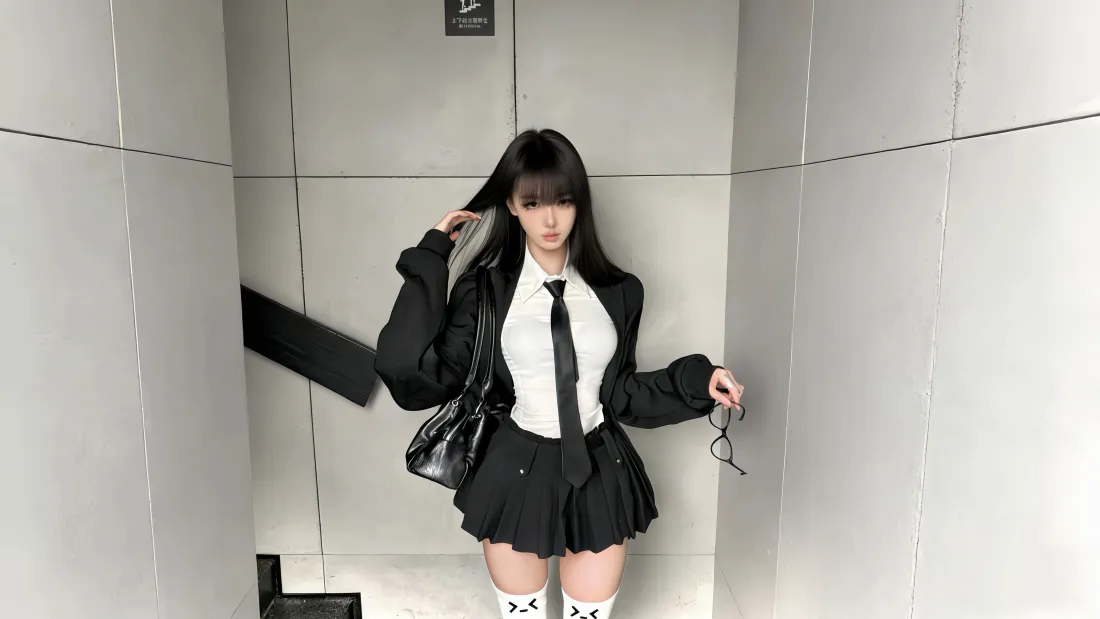 5k黑长直制服美女壁纸｜灰背景图 - 时尚穿搭「哲风壁纸」