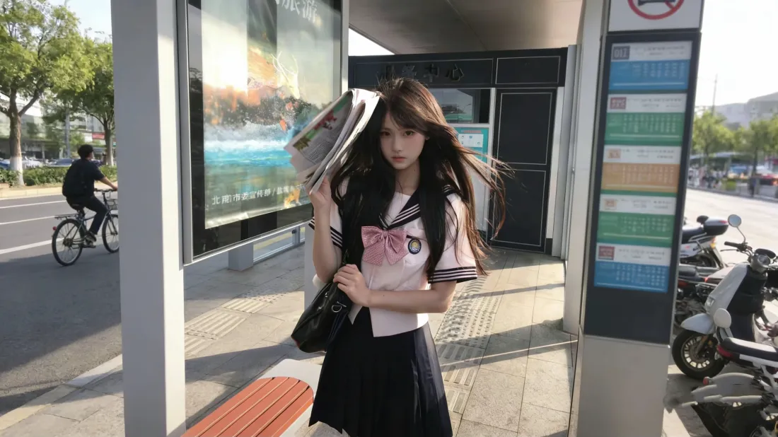 3kjk制服壁纸｜公交站背景图片 - 户外jk美女「哲风壁纸」