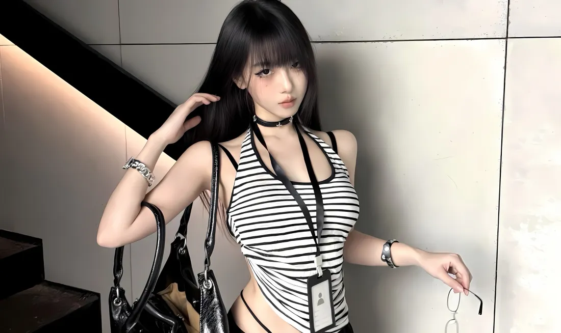 3k条纹吊带美女壁纸｜室内背景图片 - 时尚穿搭「哲风壁纸」